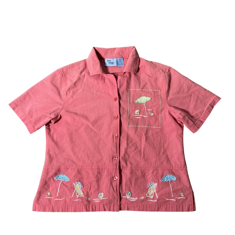 Jane Ashley Granola Girl Coral Pink Embroidered Beach Scene Cotton Shirt M